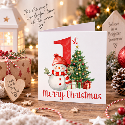 Happy Baby Boy or Baby Girl's First Christmas Card – Snowman and Xmas Tree