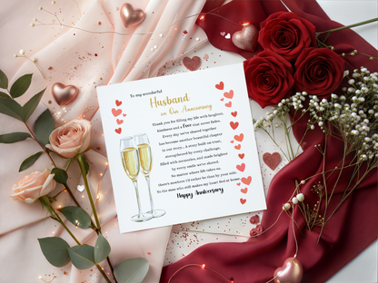 Luxury Champagne Glasses Anniversary Card for Husband - Romantic Anniversary Card for Him, Wedding, Dating, Relationship Milestones 1st, 2nd, 3rd, 5th, 10th, 20th 30th - Gold Envelope Included