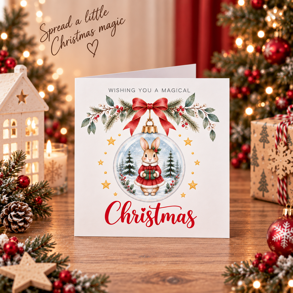 Festive Christmas card for Girls – Red Bunny in a Christmas Bauble
