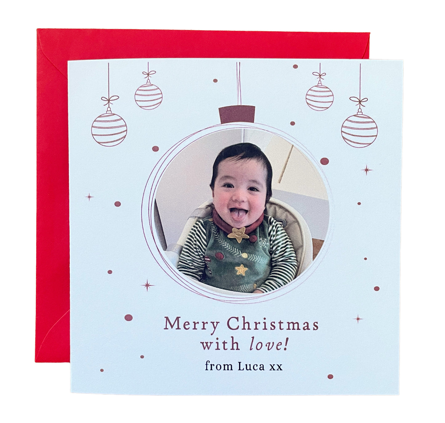 Personalised Photo Christmas Card – Christmas Baubles Design Merry Xmas Card with Customised Photo & Message - from Family, Children, Pet and Loved Ones - Red Envelope Included