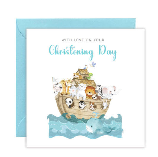 Christening Card for Boy or Girl – Noah’s Ark Design – With Love on Your Christening Day -  Religious Baptism Card for Son, Daughter, Grandson, Granddaughter, Nephew, Niece with Blue Envelope