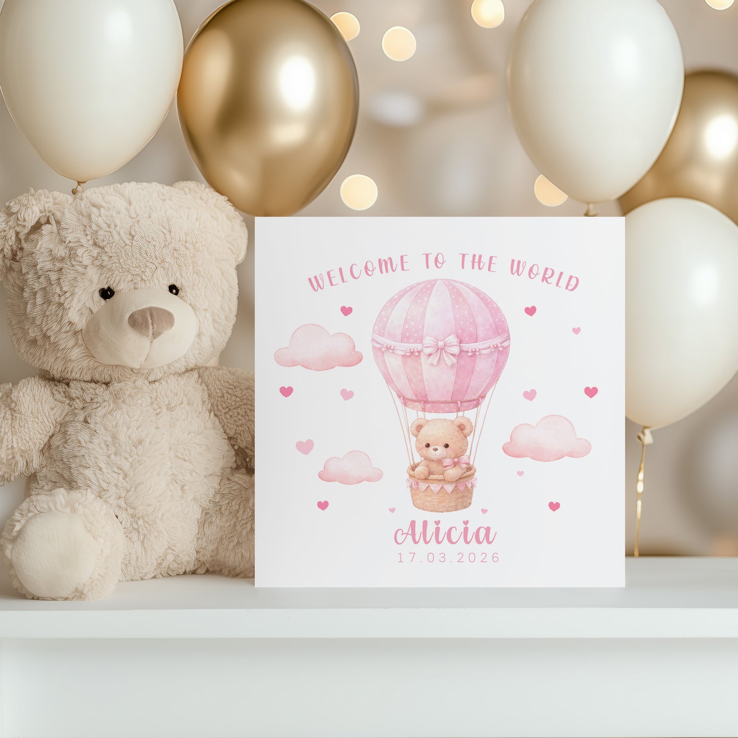 Personalised New Baby Girl Card Congratulations for Newborn Daughter, Granddaughter, Niece - Welcome To The World Card with Teddy Bear & Hot Air Balloon Design - Custom Name & Date with Pink Envelope