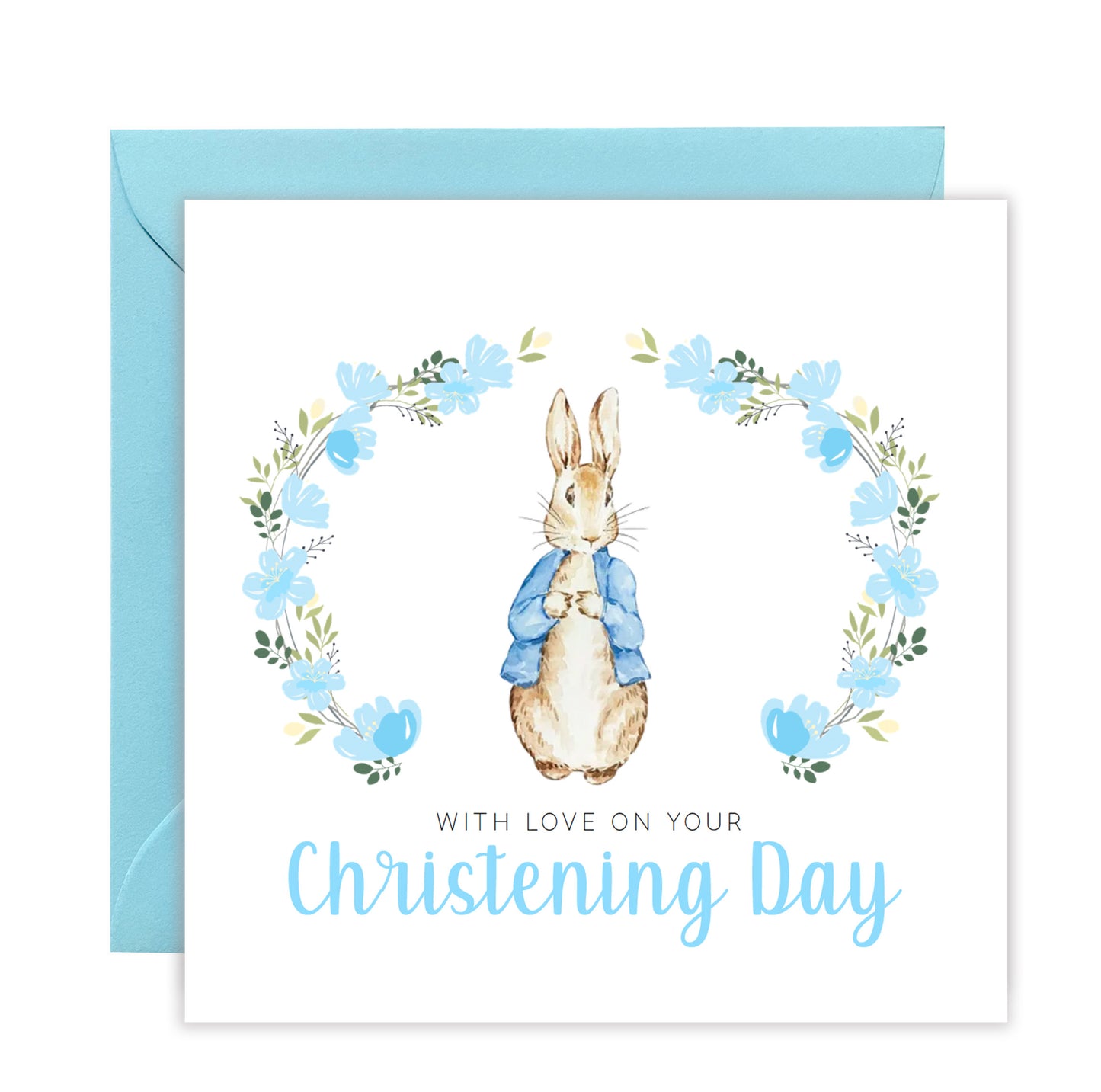 Christening Day Card for Boy – Blue Bunny Floral Wreath Design – With Love on Your Christening Day Religious Baptism Christening Card for Boys, Son, Grandson, Nephew with Blue Envelope