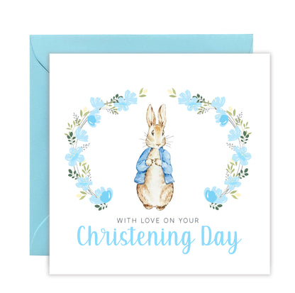 Christening Day Card for Boy – Blue Bunny Floral Wreath Design – With Love on Your Christening Day Religious Baptism Christening Card for Boys, Son, Grandson, Nephew with Blue Envelope