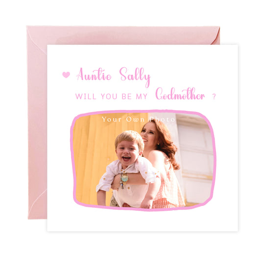 Personalised Photo Godmother Proposal Card -  Will You Be My Godmother Card with Custom Name and Photo - Elegant Personalised Baptism Christening Day Proposal Card - Pink Envelope Included
