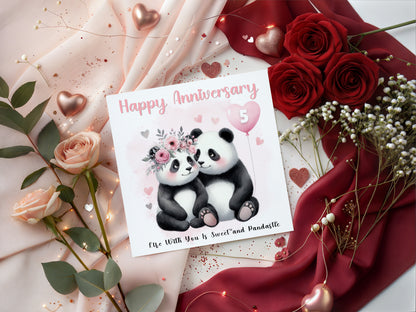 Personalised Panda Couple Anniversary Card - Custom Anniversary Years for Wedding, Dating, Relationship Milestones 1st, 2nd, 20th - For Him, Her, Wife, Husband, Couples - Pink Envelope Included