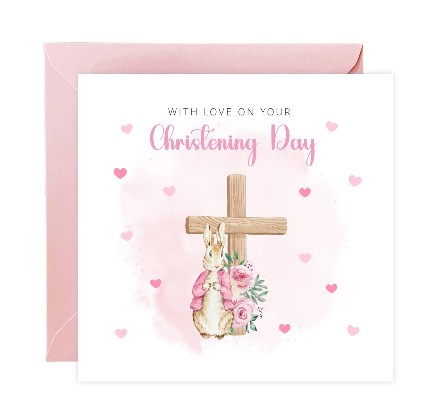 Christening Card for Girl – Bunny Cross Floral Design –With Love on Your Christening Day -  Religious Baptism Card for Girls, Daughter, Granddaughter, Niece with Pink Envelope