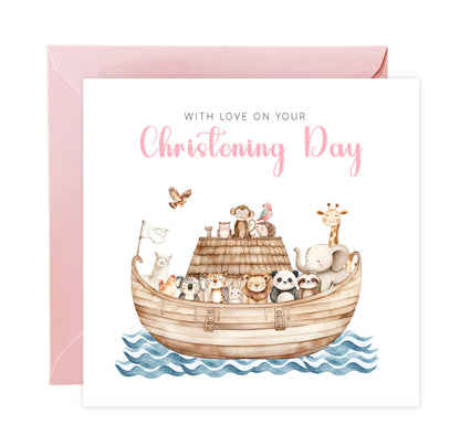 Christening Card for Girl – Noah's Ark and Cute Animals Design – With Love on Your Christening Day -  Religious Baptism Card for Girls, Daughter, Granddaughter, Niece with Pink Envelope