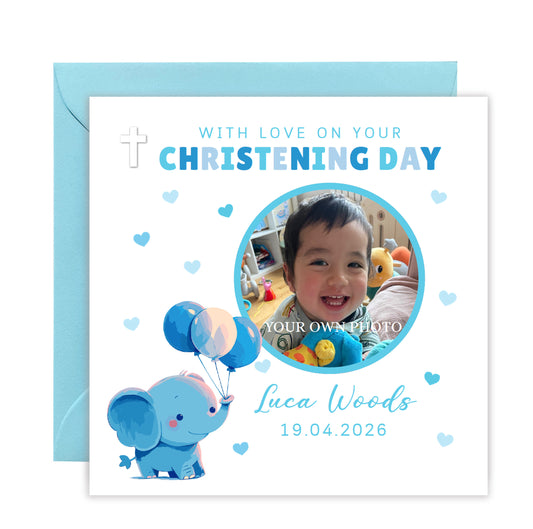 Personalised Photo Christening Card for Boy – Custom Baptism Card with Image, Name & Date -  Cute Blue Elephant Design – Baptism Card for Boys, Son, Grandson, Nephew with Blue Envelope