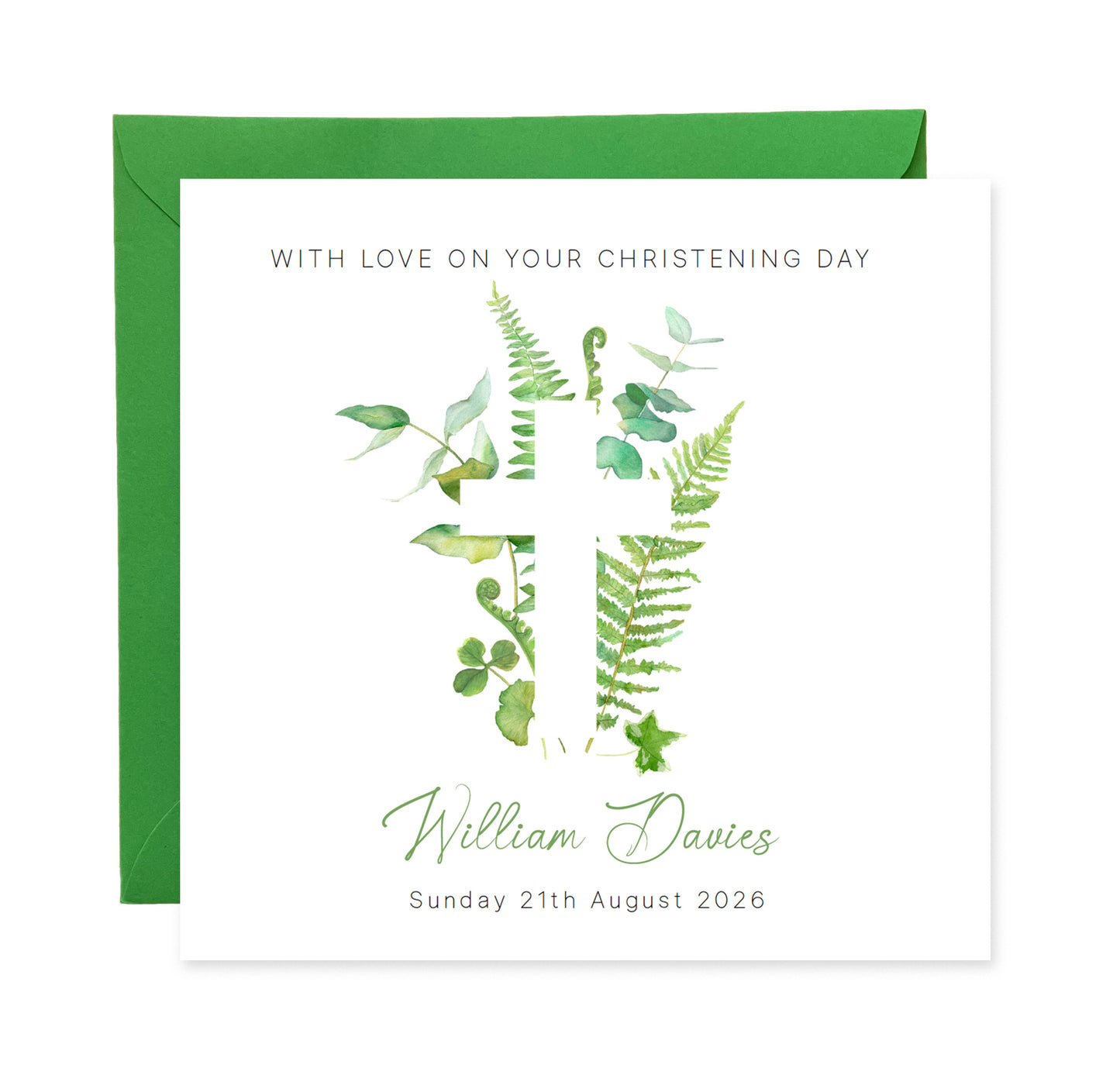 Personalised Christening Card for Boys or Girls – Green Botanical Cross Design with Custom Name and Date - Baptism Card for Son, Daughter, Grandson, Granddaughter, Nephew, Niece with Green Envelope