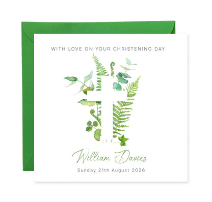 Personalised Christening Card for Boys or Girls – Green Botanical Cross Design with Custom Name and Date - Baptism Card for Son, Daughter, Grandson, Granddaughter, Nephew, Niece with Green Envelope