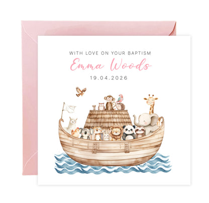 Personalised Christening Card for Girl – Custom Baptism Card with Name & Date - Noah’s Ark Design – Religious Baptism Card for Girls, Daughter, Granddaughter, Niece with Pink Envelope