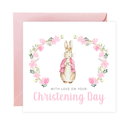 Christening Card for Girl – Floral Wreath Bunny Design –With Love on Your Christening Day -  Religious Baptism Card for Girls, Daughter, Granddaughter, Niece with Pink Envelope