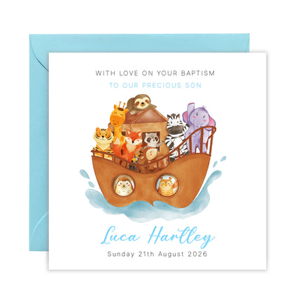 Personalised Christening Card for Boy – Custom Baptism Card with Message, Name & Date - Noah's Ark and Cute Animals Design – Baptism Card for Boys, Son, Grandson, Nephew with Blue Envelope