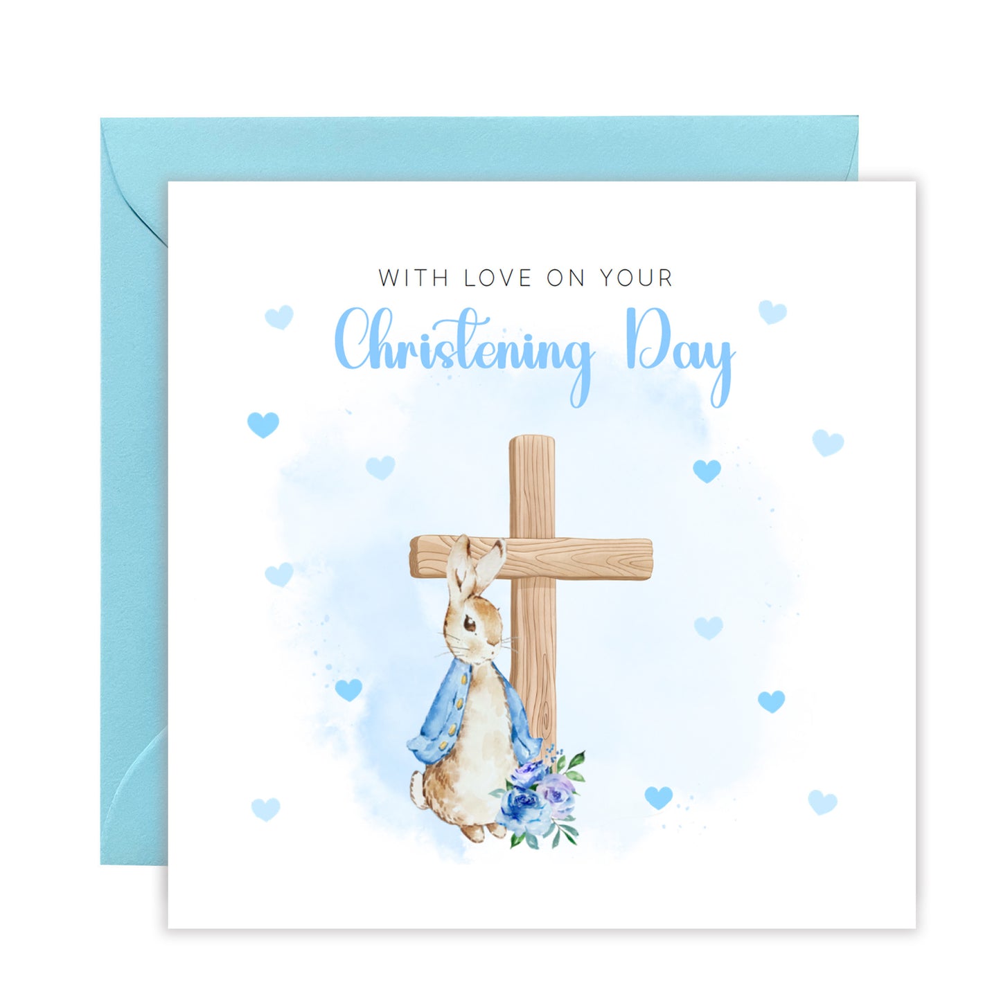 Christening Day Card for Boy – Blue Bunny Cross Design – With Love on Your Christening Day Baptism Christening Card for Boys, Son, Grandson, Nephew with Blue Envelope
