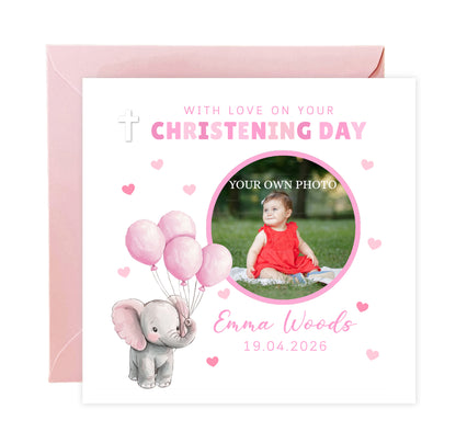 Personalised Photo Christening Card for Girl – Custom Baptism Card with Image, Name & Date - Pink Elepahnt Design – Religious Baptism Card for Girls, Daughter, Granddaughter, Niece with Pink Envelope