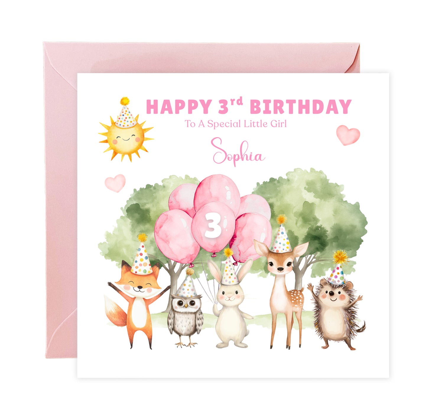 Personalised 3 Years Old 3rd Birthday Card for Toddler Girl – Woodland Animal Design with Custom Name & Message - Age 3 Year Old Birthday Card for Daughter, Granddaughter, Niece with Pink Envelope