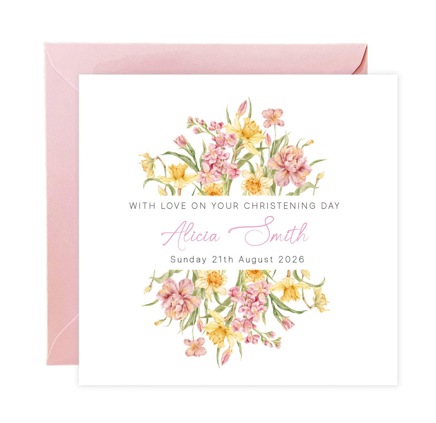Personalised Christening Card for Girl – Custom Baptism Card with Name & Date - Elegant Pink & Yellow Flower Design – Baptism Card for Girls, Daughter, Granddaughter, Niece - Pink Envelope Included