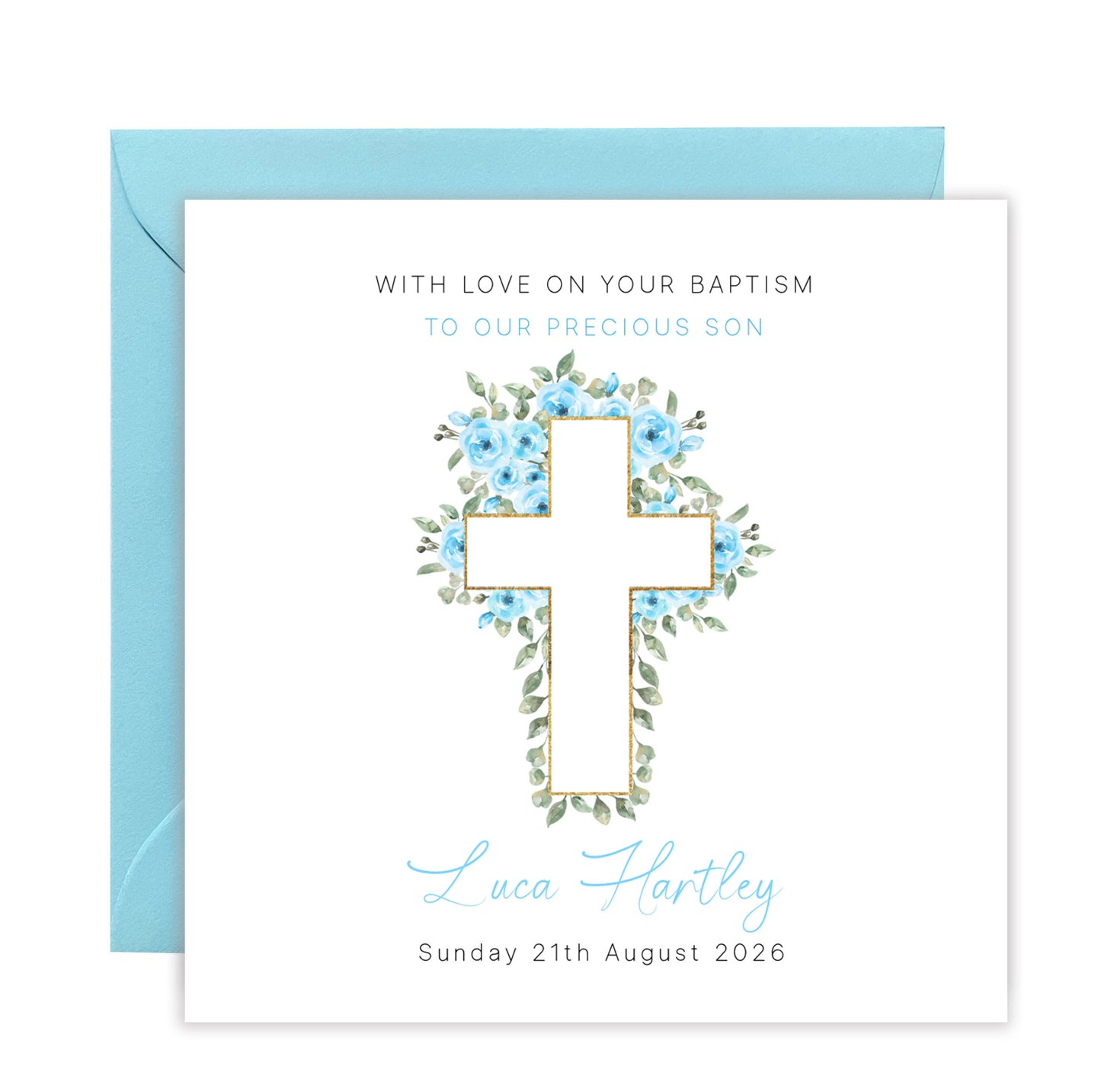 Personalised Christening Card for Boy – Custom Baptism Card with Message, Name & Date - Roses & Cross Design – Religious Baptism Card for Boys, Son, Grandson, Nephew with Blue Envelope