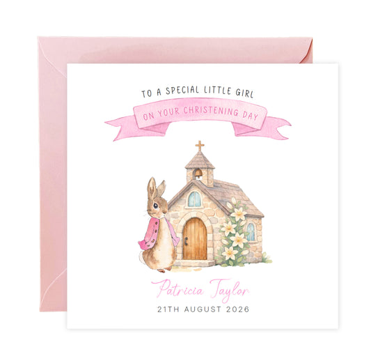 Personalised Christening Card for Girl – Custom Baptism Card with Message, Name & Date - Cute Bunny & Church Design – Baptism Card for Girls, Daughter, Granddaughter, Niece with Pink Envelope