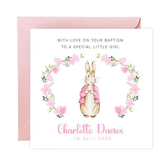Personalised Christening Card for Girl – Custom Baptism Card with Message, Name & Date - Floral Wreath Bunny Design – Baptism Card for Girls, Daughter, Granddaughter, Niece with Pink Envelope