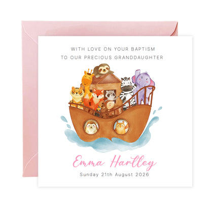Personalised Christening Card for Girl – Custom Baptism Card with Message, Name & Date - Noah’s Ark Design – Religious Baptism Card for Girls, Daughter, Granddaughter, Niece with Pink Envelope