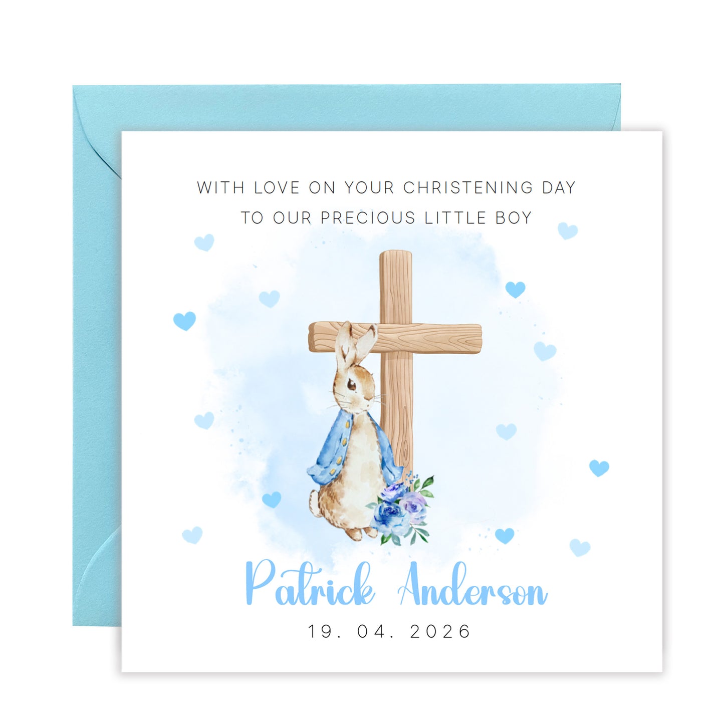 Personalised Christening Card for Boy – Custom Baptism Card with Message, Name & Date -  Blue Bunny Cross – Baptism Card for Boys, Son, Grandson, Nephew with Blue Envelope