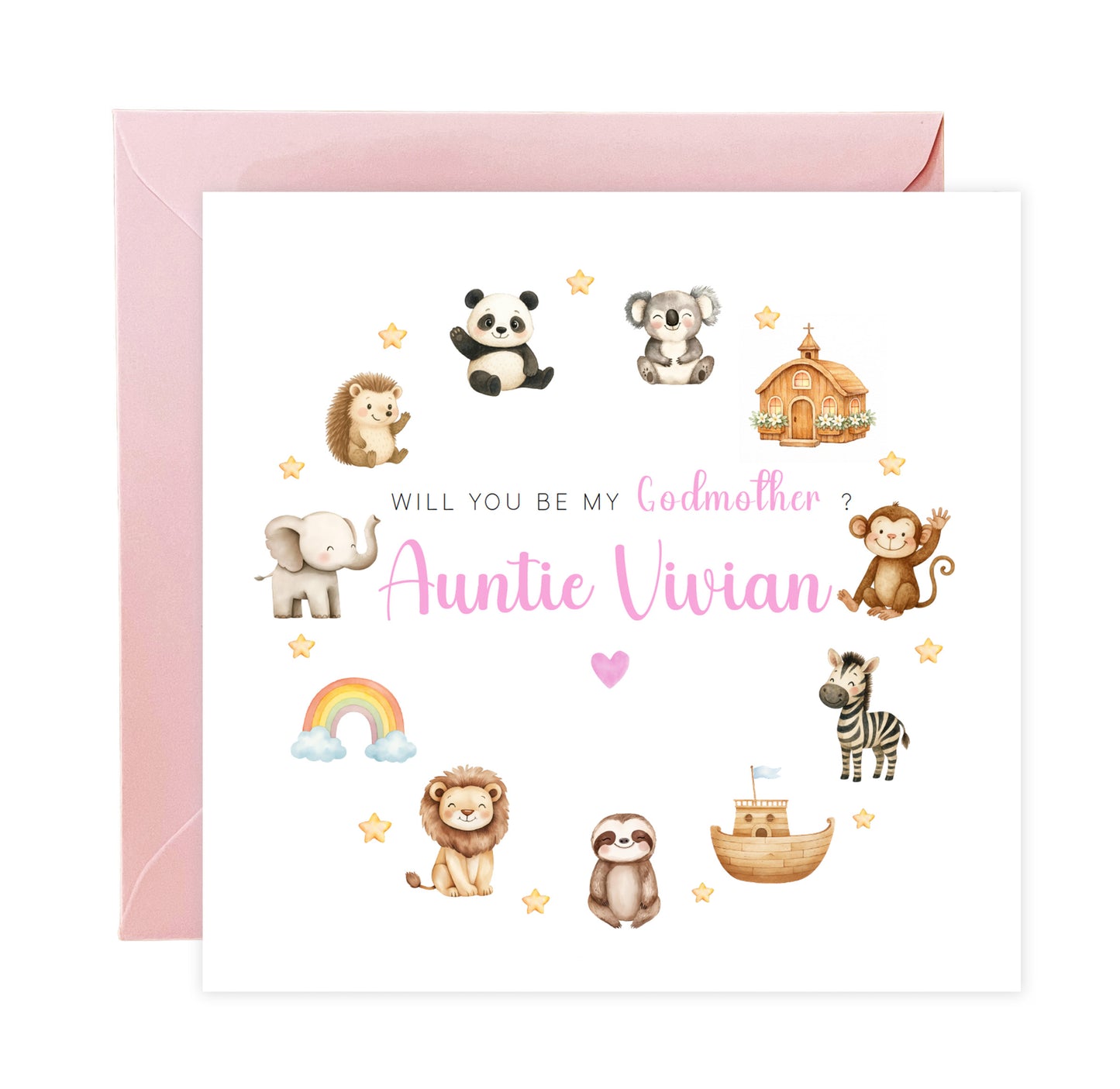 Personalised Godmother Proposal Card -  Will You Be My Godmother Card - Cute Animals Godmother Ask Card - Personalised Baptism Christening Day Proposal Card - Pink Envelope Included