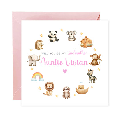 Personalised Godmother Proposal Card -  Will You Be My Godmother Card - Cute Animals Godmother Ask Card - Personalised Baptism Christening Day Proposal Card - Pink Envelope Included
