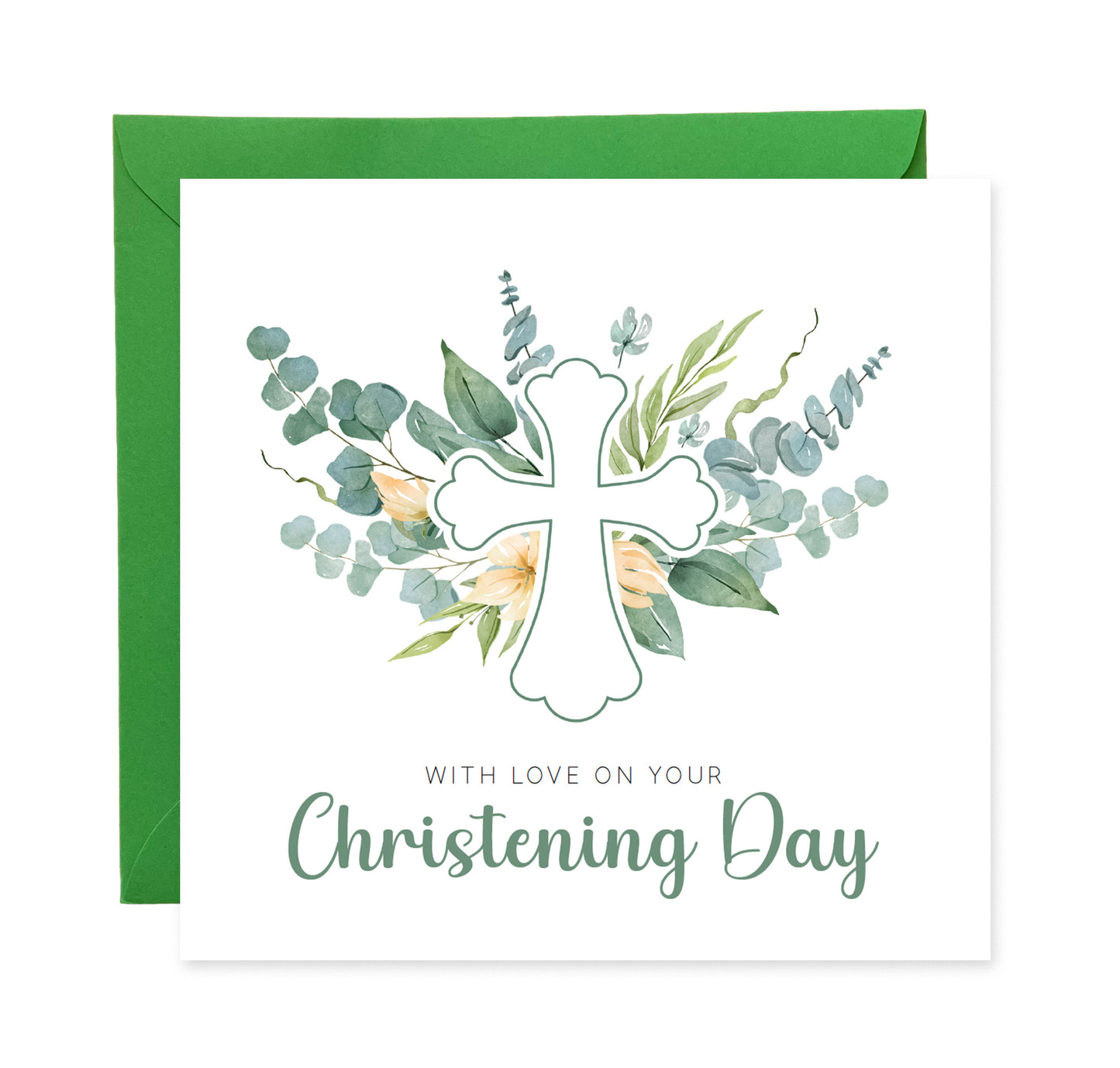 Christening Day/ Baptism Card for Boys or Girls - Elegant Religious Baptism Card with Cross & Greenery for Son, Daughter, Grandson, Granddaughter, Nephew, Niece - Green Envelope Included
