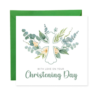 Christening Day/ Baptism Card for Boys or Girls - Elegant Religious Baptism Card with Cross & Greenery for Son, Daughter, Grandson, Granddaughter, Nephew, Niece - Green Envelope Included