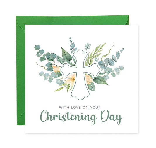 Christening Day/ Baptism Card for Boys or Girls - Elegant Religious Baptism Card with Cross & Greenery for Son, Daughter, Grandson, Granddaughter, Nephew, Niece - Green Envelope Included