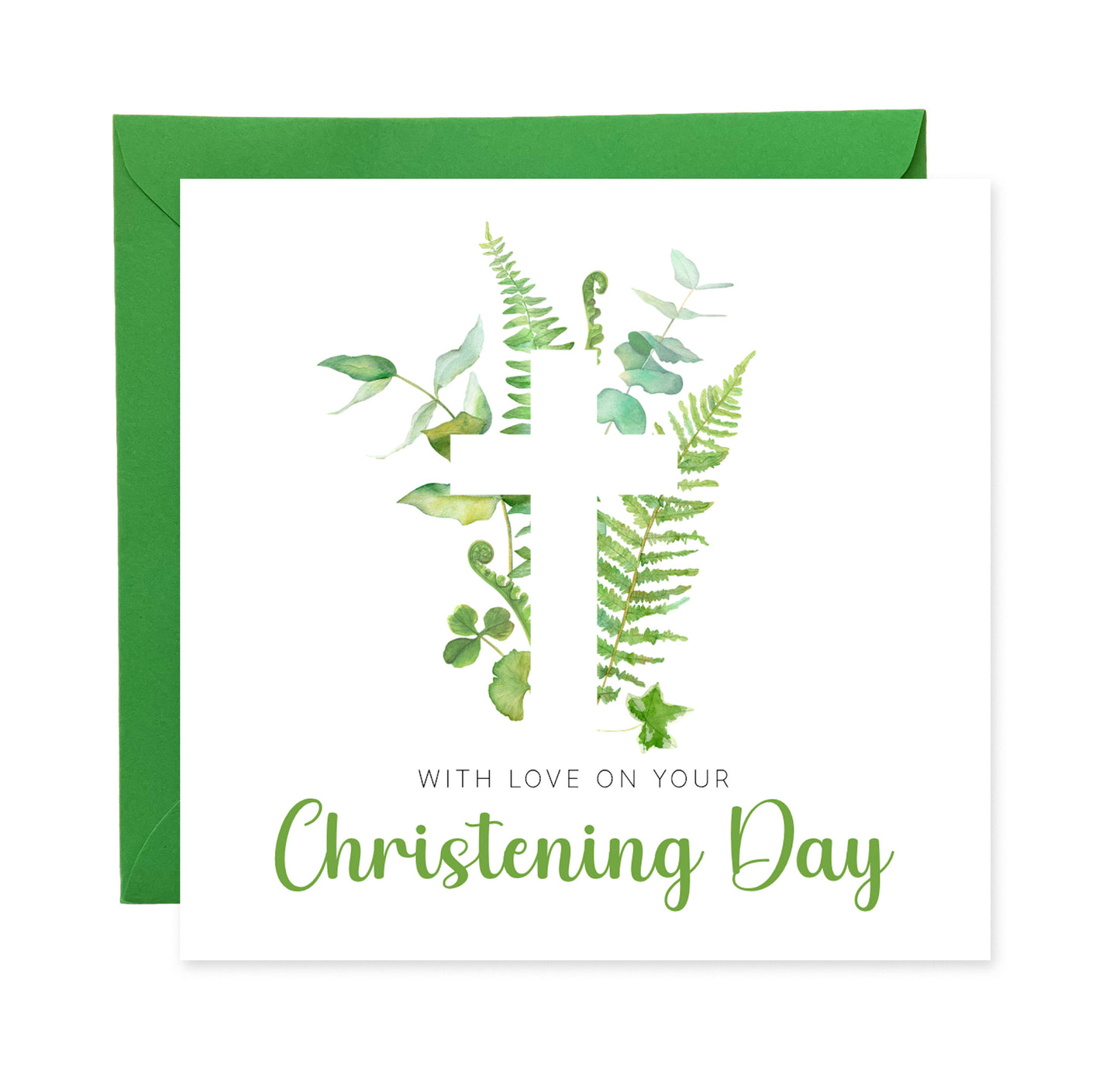 Christening Day/ Baptism Card for Boys or Girls - Elegant Religious Baptism Card with Green Botanical Cross for Son, Daughter, Grandson, Granddaughter, Nephew, Niece - Green Envelope Included