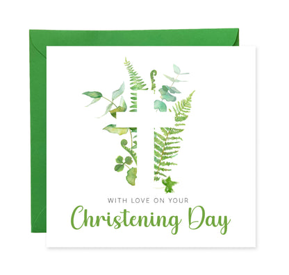 Christening Day/ Baptism Card for Boys or Girls - Elegant Religious Baptism Card with Green Botanical Cross for Son, Daughter, Grandson, Granddaughter, Nephew, Niece - Green Envelope Included
