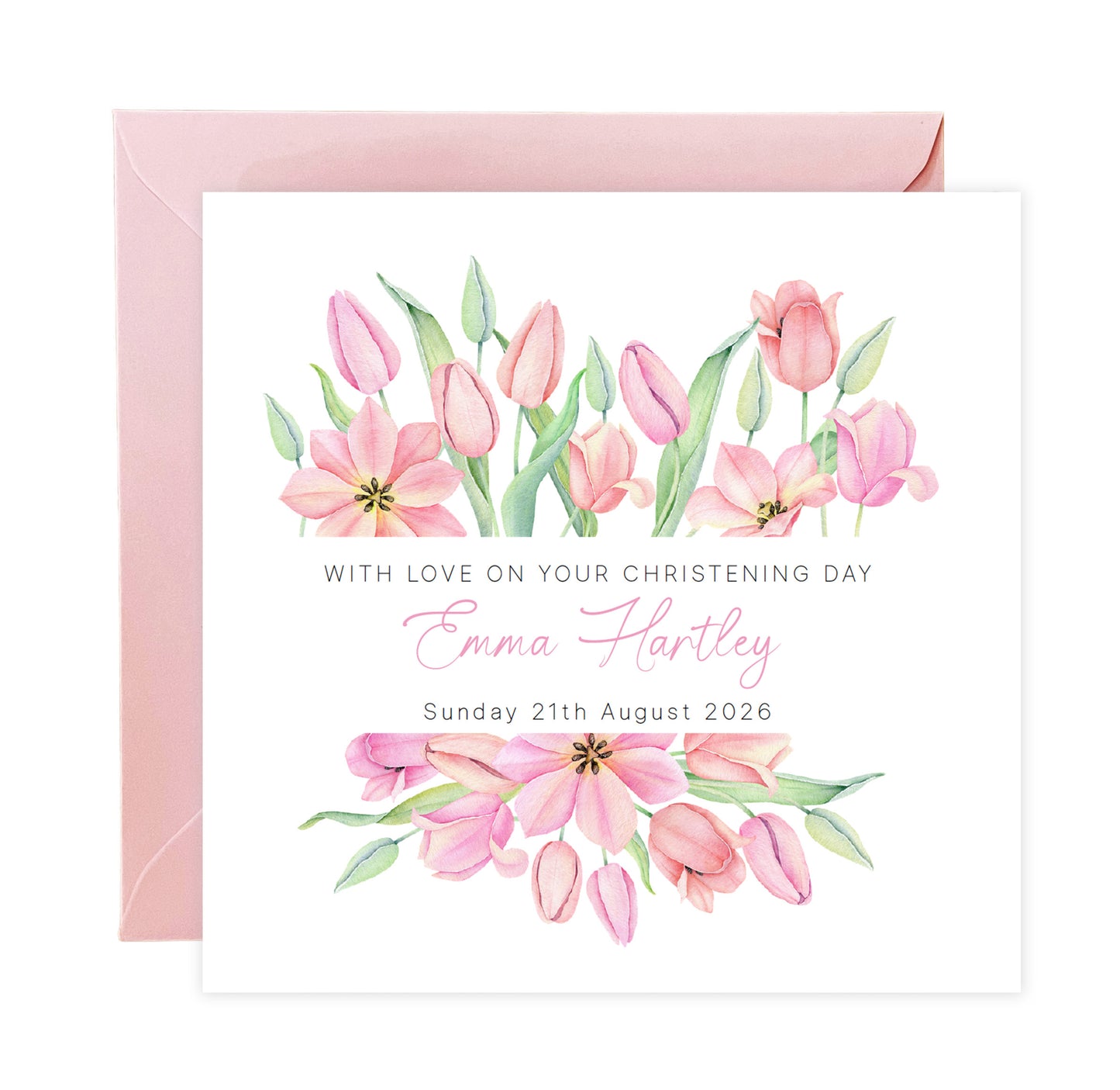 Personalised Christening Card for Girl – Custom Baptism Card with Name & Date - Pink Floral Design – Religious Baptism Card for Girls, Daughter, Granddaughter, Niece - Pink Envelope Included