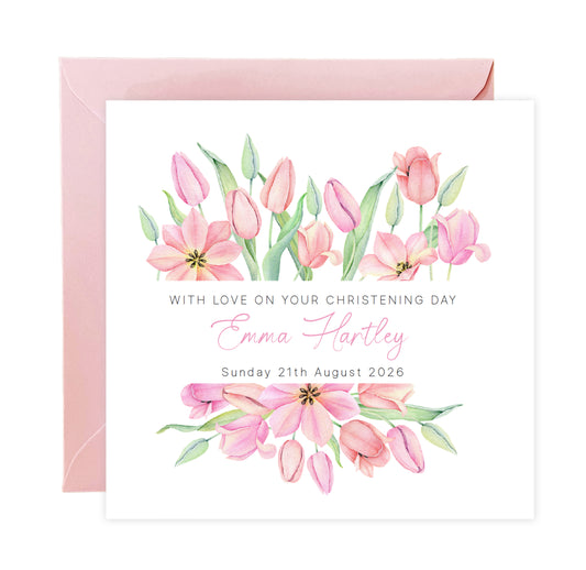Personalised Christening Card for Girl – Custom Baptism Card with Name & Date - Pink Floral Design – Religious Baptism Card for Girls, Daughter, Granddaughter, Niece - Pink Envelope Included