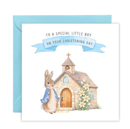 Christening Day Card for Boy – Cute Bunny & Church Design – To A Special Little Boy Baptism Christening Card for Boys, Son, Grandson, Nephew with Blue Envelope