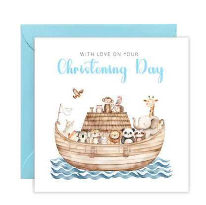 Christening Day Card for Boy – Noah's Ark and Cute Animals Design – With Love on Your Christening Day Religious Baptism Christening Card for Boys, Son, Grandson, Nephew with Blue Envelope