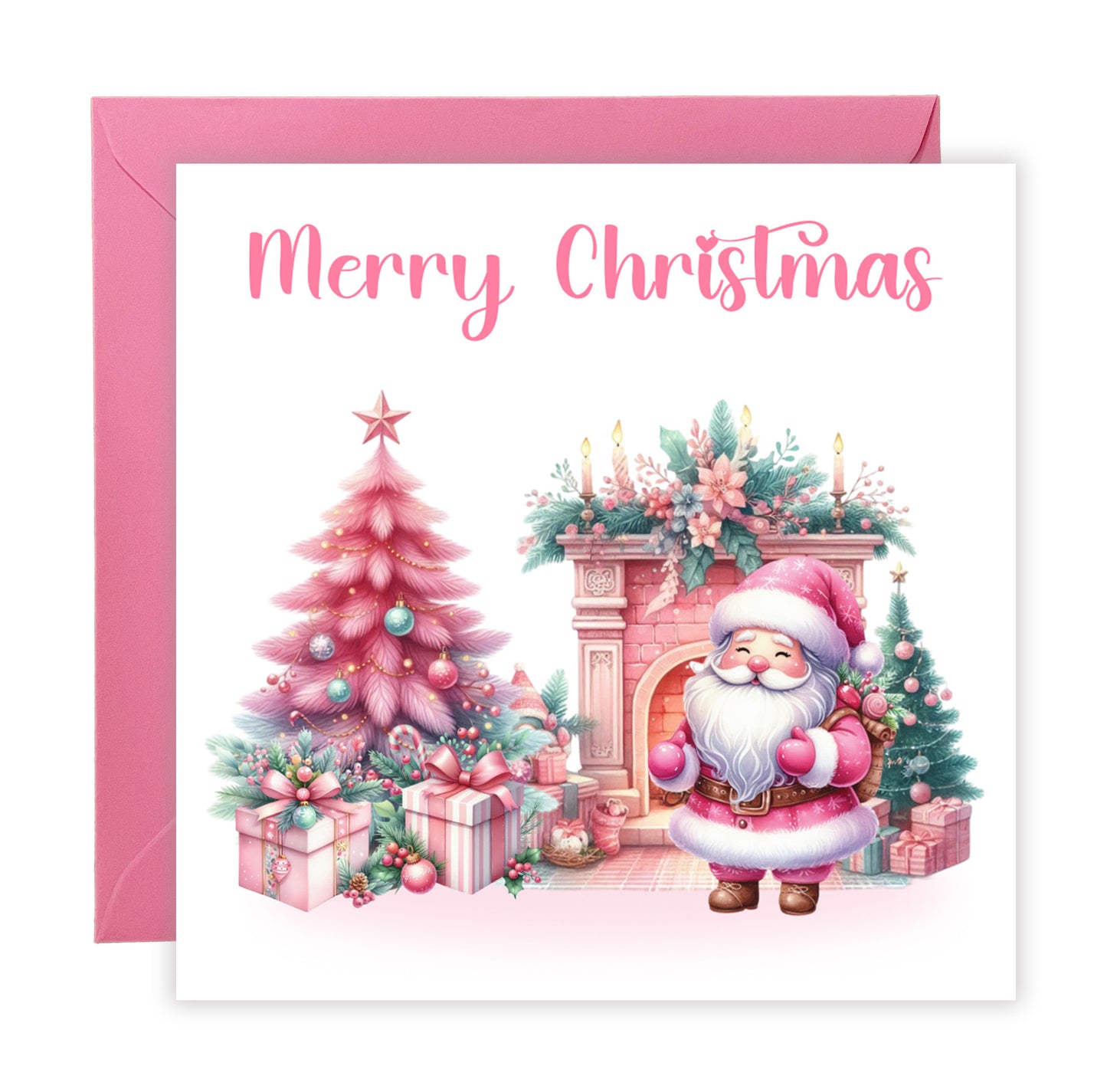 Pink Christmas Card for Her and Girls – Santa and Festive Design - 1st Xmas Card for Baby Girl, Pink Xmas Card for Girlfriend, Wife, Niece, Kids, Toddler, Your Princess with Pink Envelope