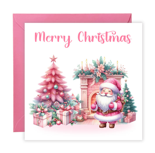 Pink Christmas Card for Her and Girls – Santa and Festive Design - 1st Xmas Card for Baby Girl, Pink Xmas Card for Girlfriend, Wife, Niece, Kids, Toddler, Your Princess with Pink Envelope