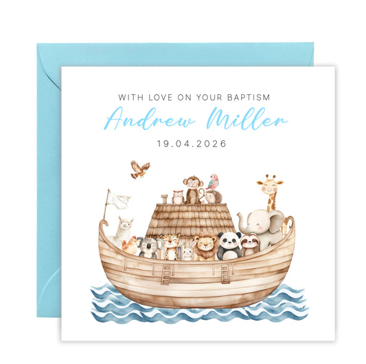 Personalised Christening Card for Boy – Custom Baptism Card with Name & Date - Noah's Ark and Cute Animals Design – Baptism Card for Boys, Son, Grandson, Nephew with Blue Envelope