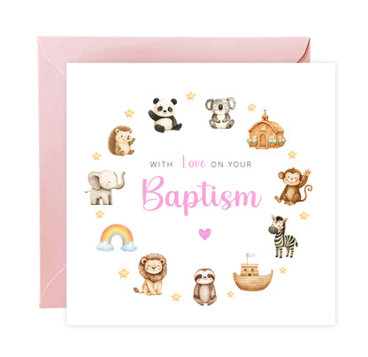 Christening Day/ Baptism Card for Girl – Cute Animals Design – With Love On Your Baptism - Religious Christening Card for Girls, Daughter, Granddaughter, Niece with Pink Envelope