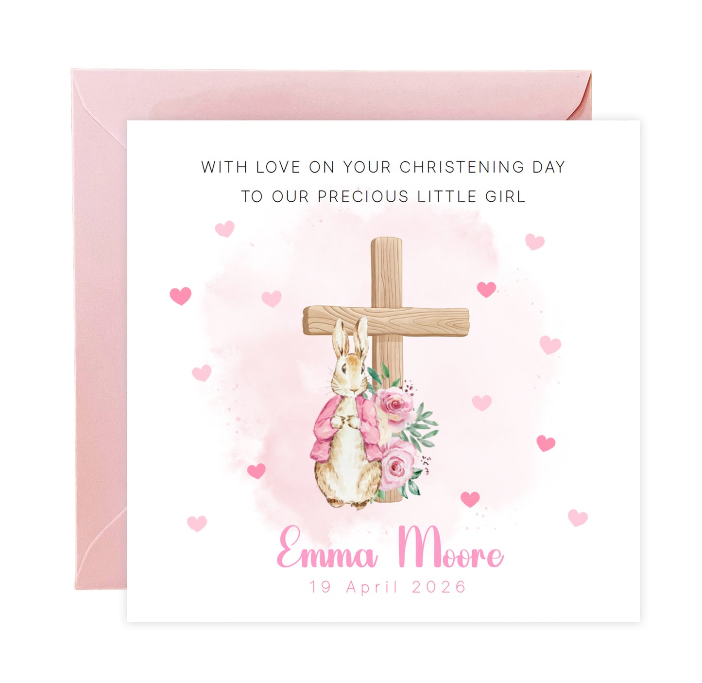 Personalised Christening Card for Girl – Custom Baptism Card with Message, Name & Date - Bunny Cross Floral Design – Baptism Card for Girls, Daughter, Granddaughter, Niece with Pink Envelope