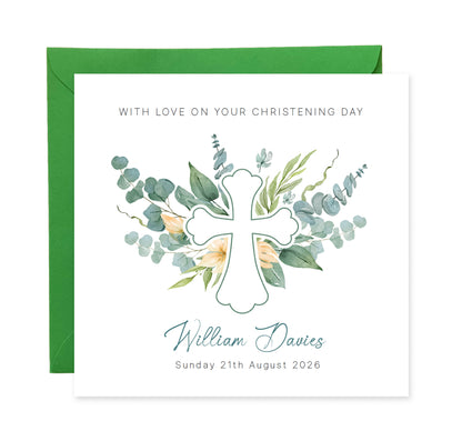 Personalised Christening Card for Boys or Girls – Elegant Greenery Cross Design with Custom Name and Date - Baptism Card for Son, Daughter, Grandson, Granddaughter, Nephew, Niece with Green Envelope