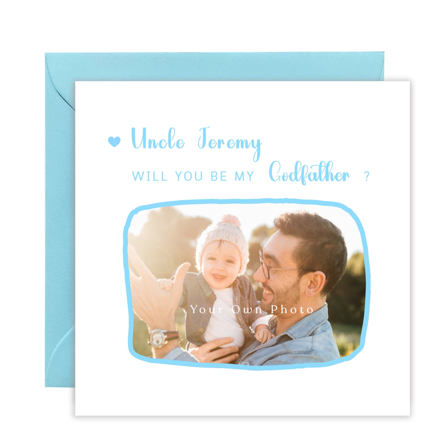 Personalised Photo Godfather Proposal Card - Will You Be My Godfather Card with Custom Name and Photo - Elegant Personalised Baptism Christening Day Proposal Card - Blue Envelope Included