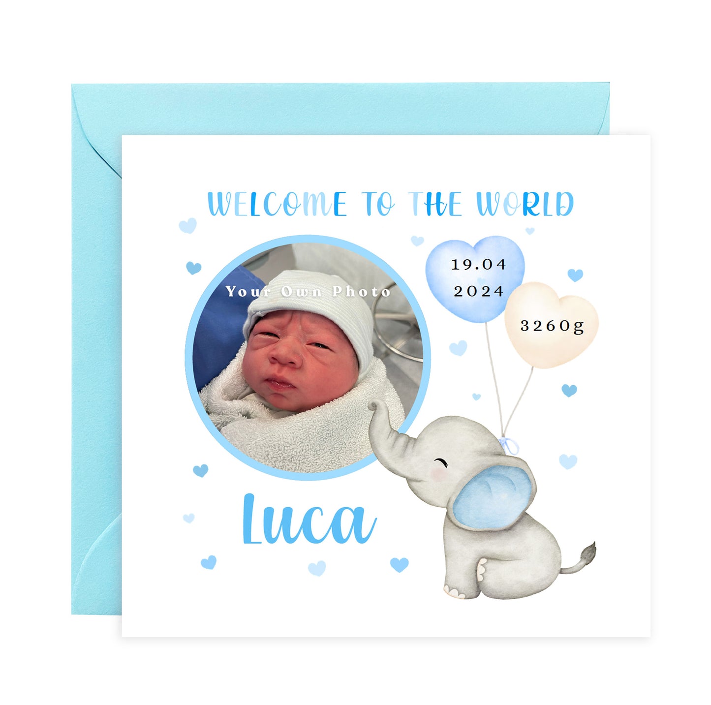 Personalised Photo New Baby Boy Card Congratulations for Newborn Boy, Welcome To The World Card for Son, Grandson, Nephew with Cutstom Photo Frame, Name, Birth Date & Weight with Blue Envelope