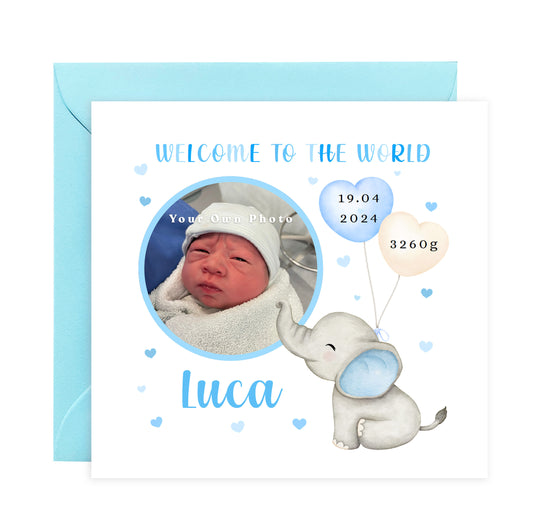 Personalised Photo New Baby Boy Card Congratulations for Newborn Boy, Welcome To The World Card for Son, Grandson, Nephew with Cutstom Photo Frame, Name, Birth Date & Weight with Blue Envelope