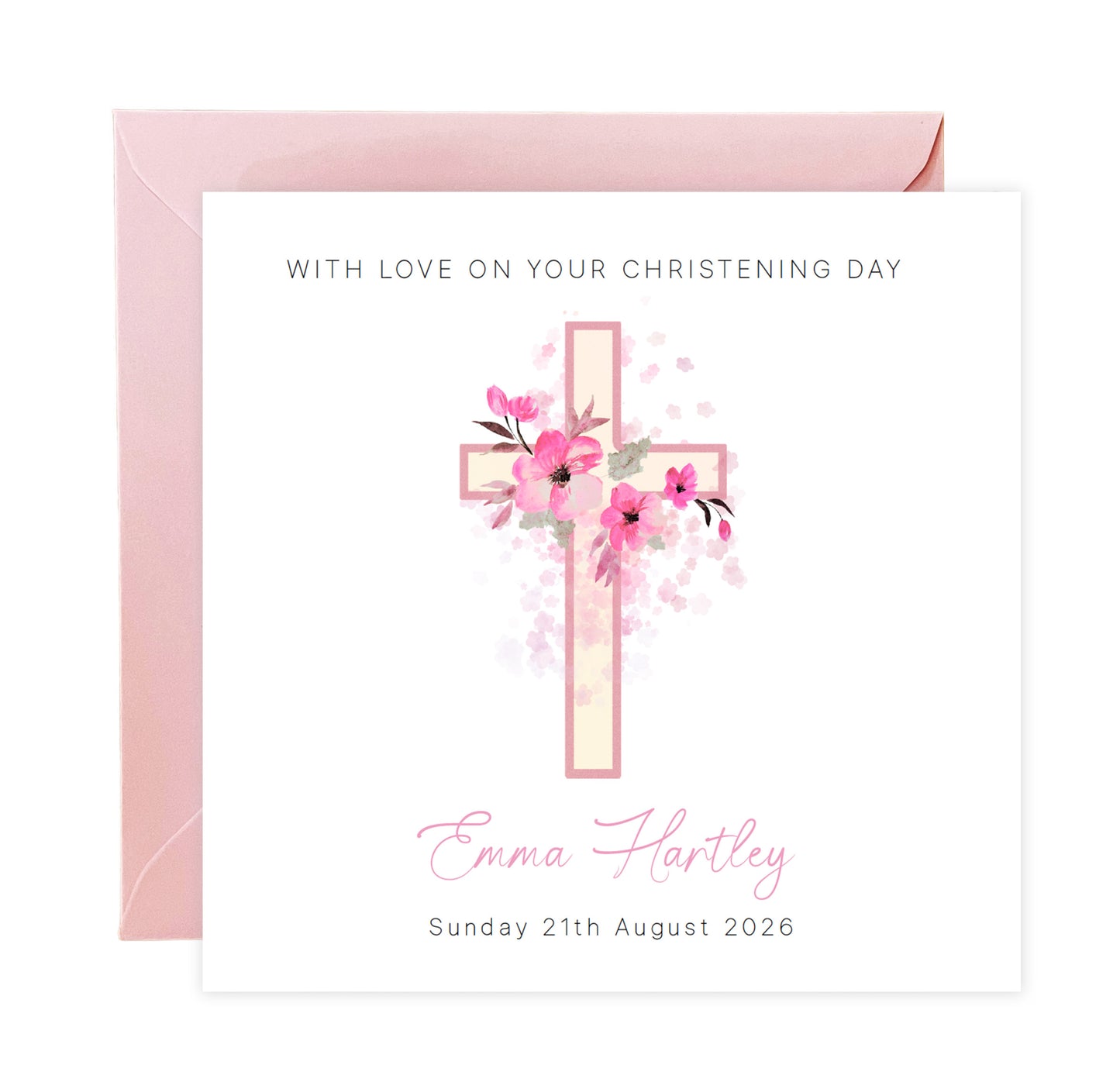 Personalised Christening Card for Girl – Custom Baptism Card with Name & Date - Floral Cross Design – Religious Baptism Card for Girls, Daughter, Granddaughter, Niece - Pink Envelope Included