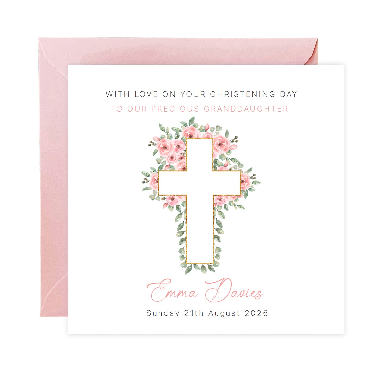 Personalised Christening Card for Girl – Custom Baptism Card with Message, Name & Date - Roses Cross Design – Religious Baptism Card for Girls, Daughter, Granddaughter, Niece - Pink Envelope Included