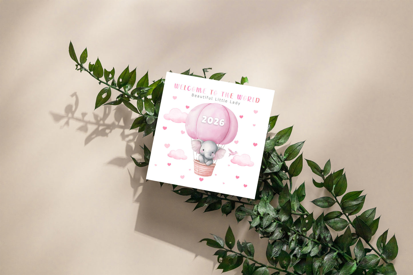 2026 New Baby Girl Card Congratulations for Newborn Daughter, Granddaughter, Niece, Little One - Welcome To The World Card with Elephant and Hot Air Balloon Design - Pink Envelope Included